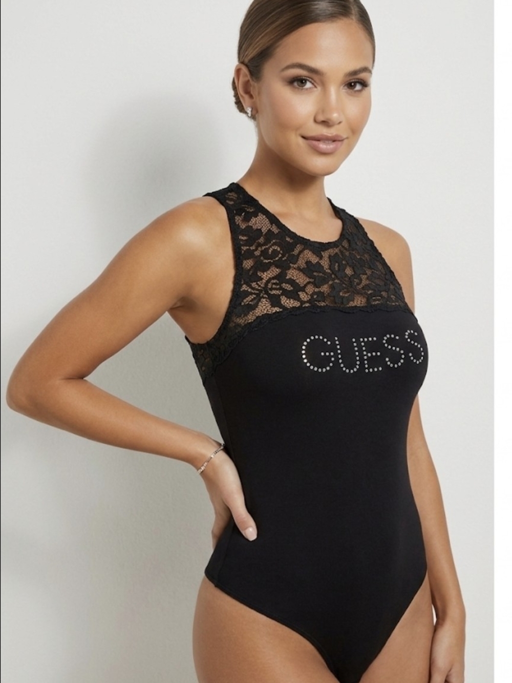 Lipsy Black Lace-Trim Tank Bodysuit with Logo Detail